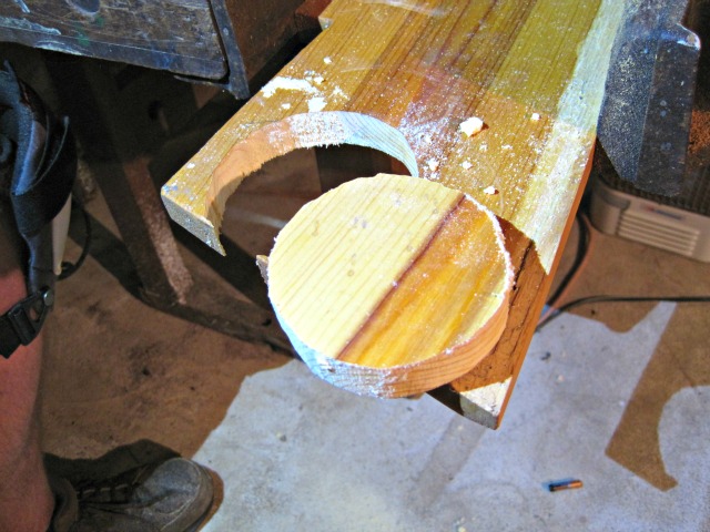 The plug to fix the hole in our hardwood floor | Repairing holes in a hardwood floor- all part of restoring our original hardwood floors! circle woodwork project cutting wood