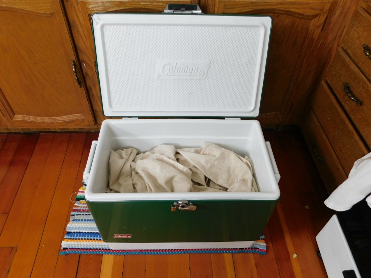 Scouring a Woven Wrap using a boiling water and a cooler fabric in cooler waiting to be scoured woven baby wrap how to